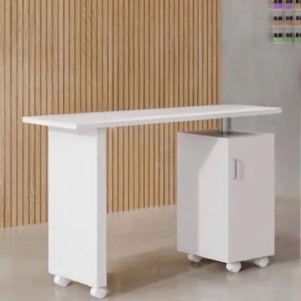 Mesa profesional plegable para manicura con gabinete y ruedas blancas
